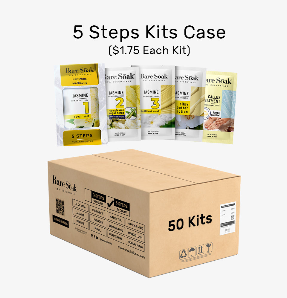Bare Soak 5 Steps Kit – Jasmine Scent packaging.
Ocean Salt Soak with Jasmine scent for calming hydration.
Complexion Sugar Scrub infused with Jasmine fragrance for smooth skin.
Rejuvenating Mask in Jasmine scent for deep nourishment.
Silky Butter Lotion with Jasmine scent for long-lasting hydration.