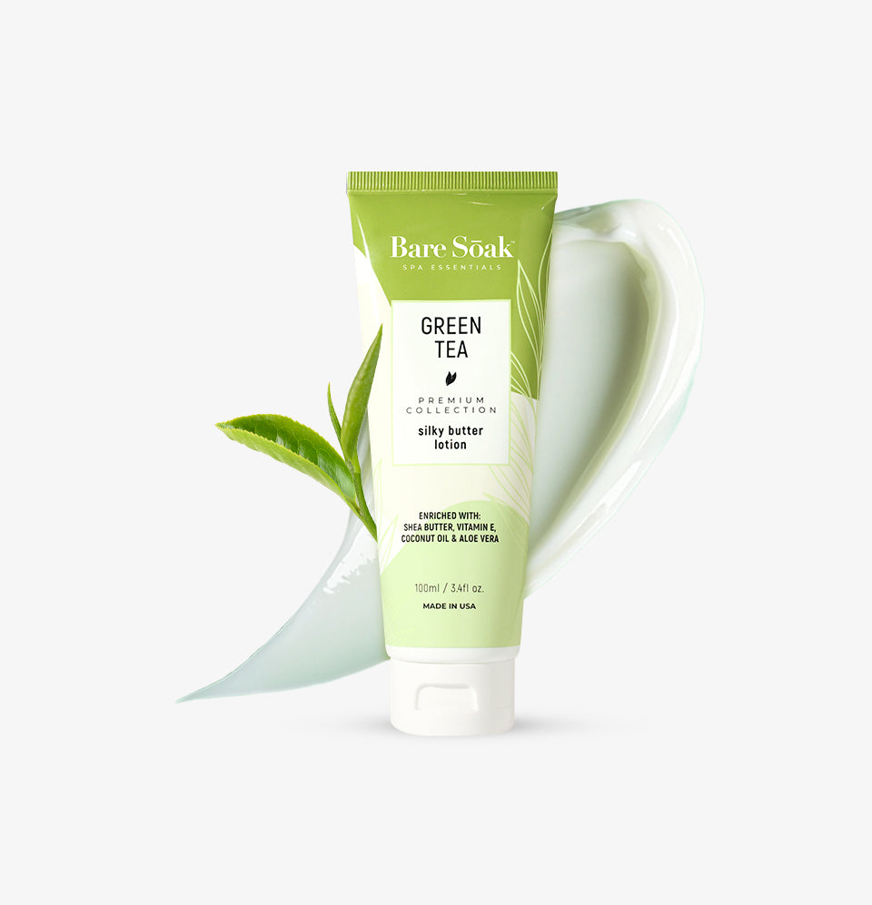 Bare Soak Silky Butter Lotion – Green Tea Scent packaging, 3.4 oz.