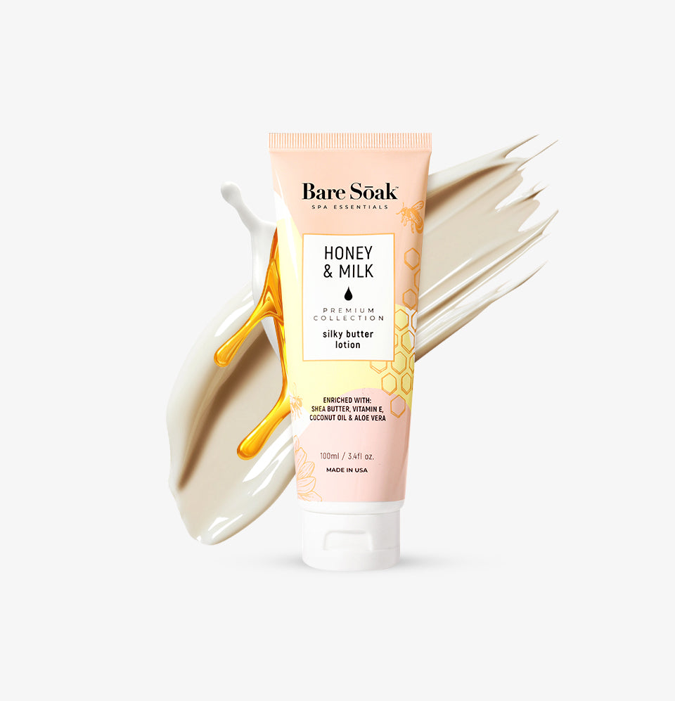 Bare Soak Silky Butter Lotion – Honey & Milk Scent packaging, 3.4 oz.