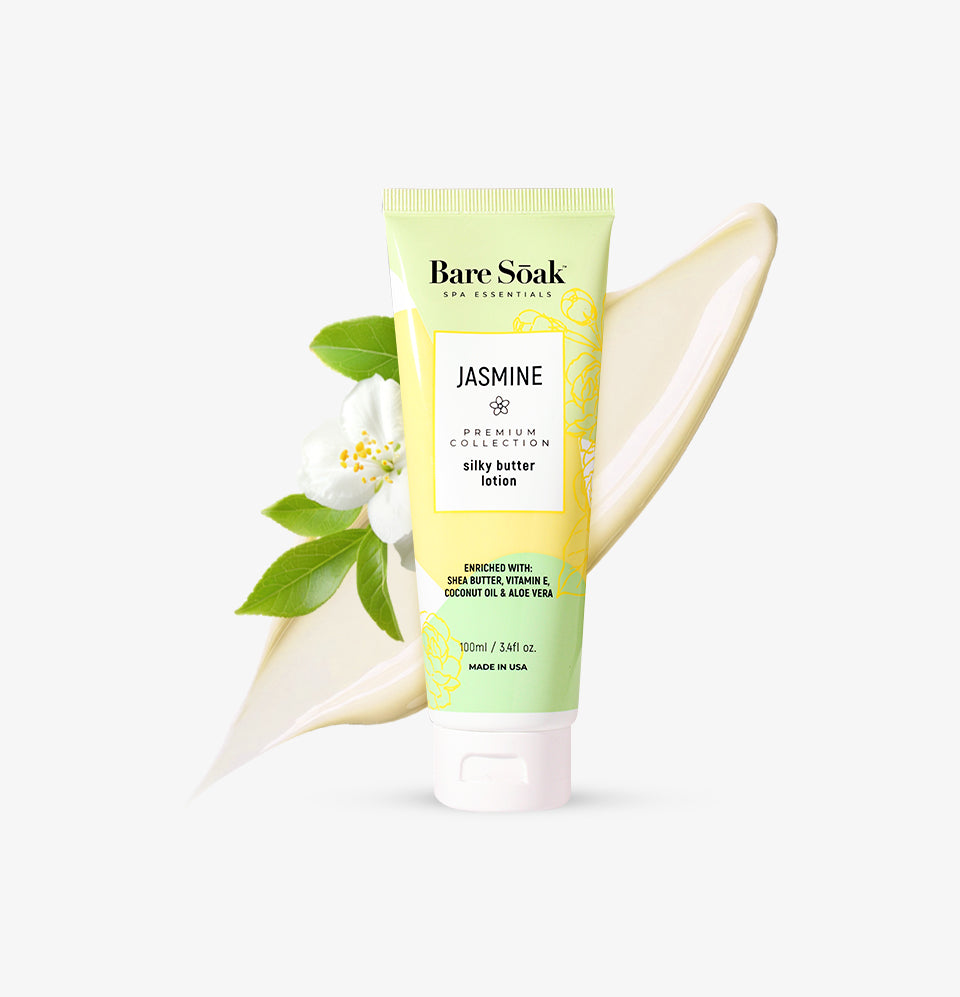 Bare Soak Silky Butter Lotion – Jasmine Scent packaging, 3.4 oz.