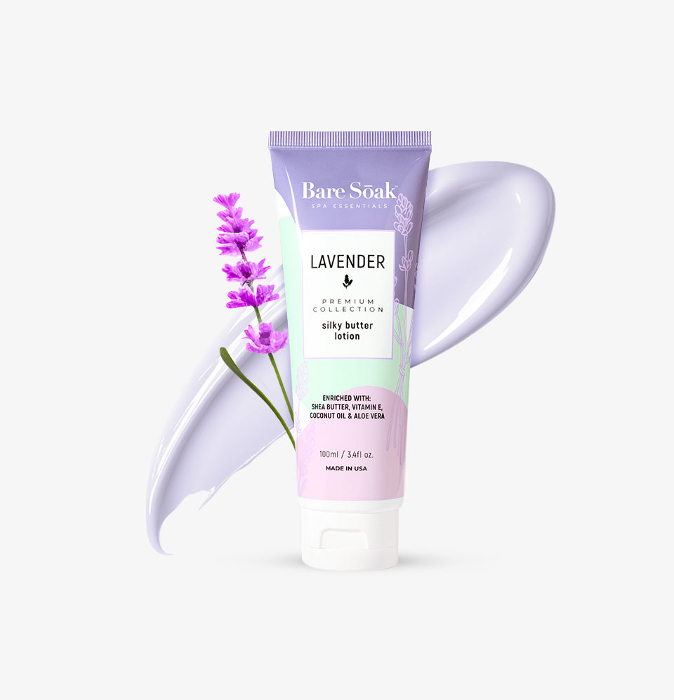 Bare Soak Silky Butter Lotion – Lavender Scent packaging, 3.4 oz.
