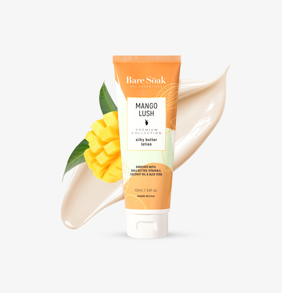 Bare Soak Silky Butter Lotion – Mango Lush Scent packaging, 3.4 oz.