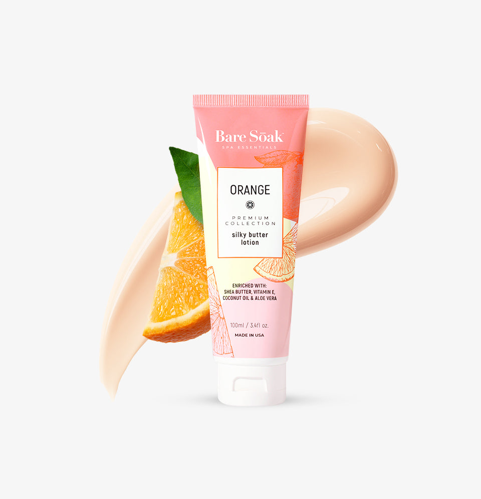 Bare Soak Silky Butter Lotion – Orange Scent packaging, 3.4 oz.
