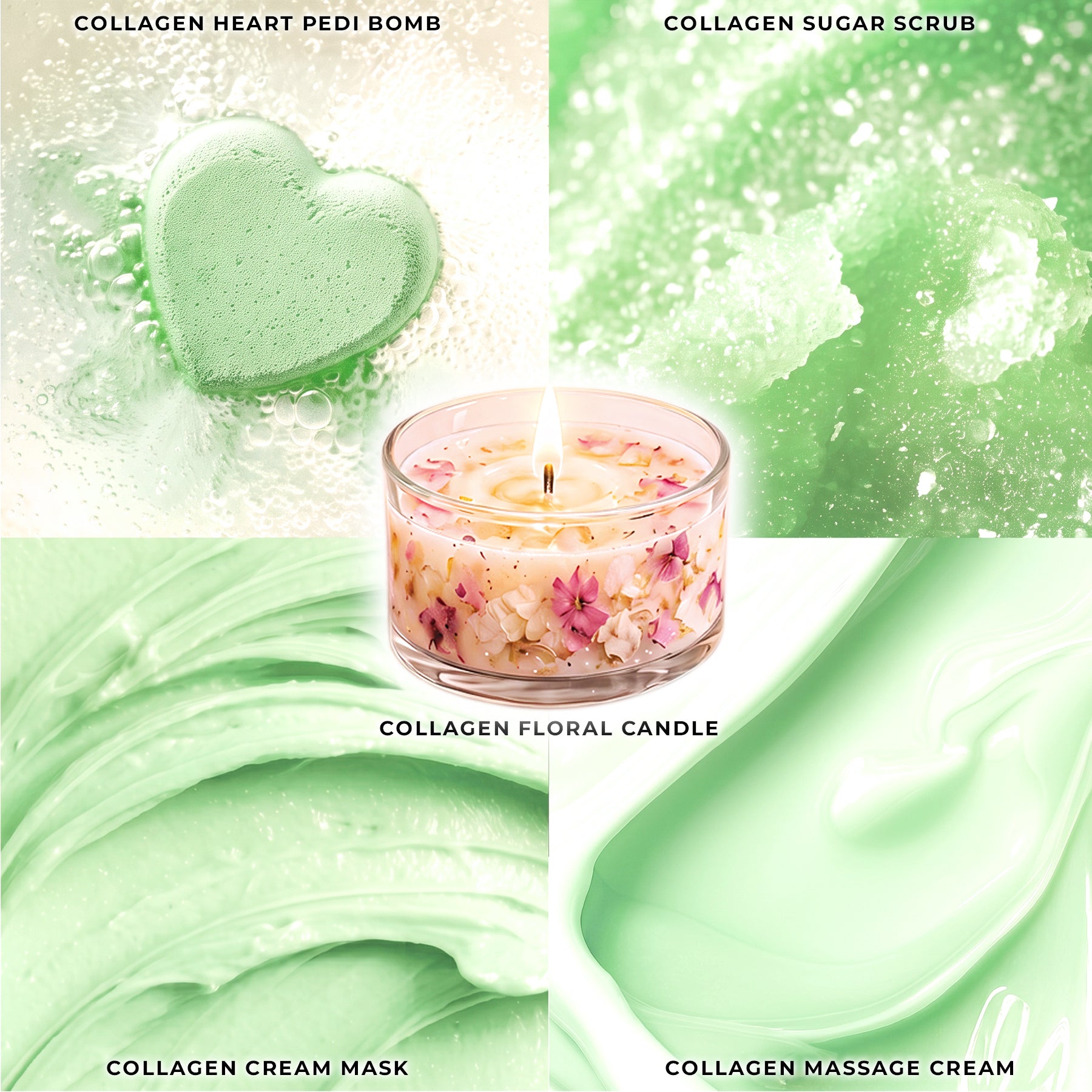 Peppermint - Collagen Foaming/Bubble Pedi Bomb and Massage Candle • 5 Steps Kit