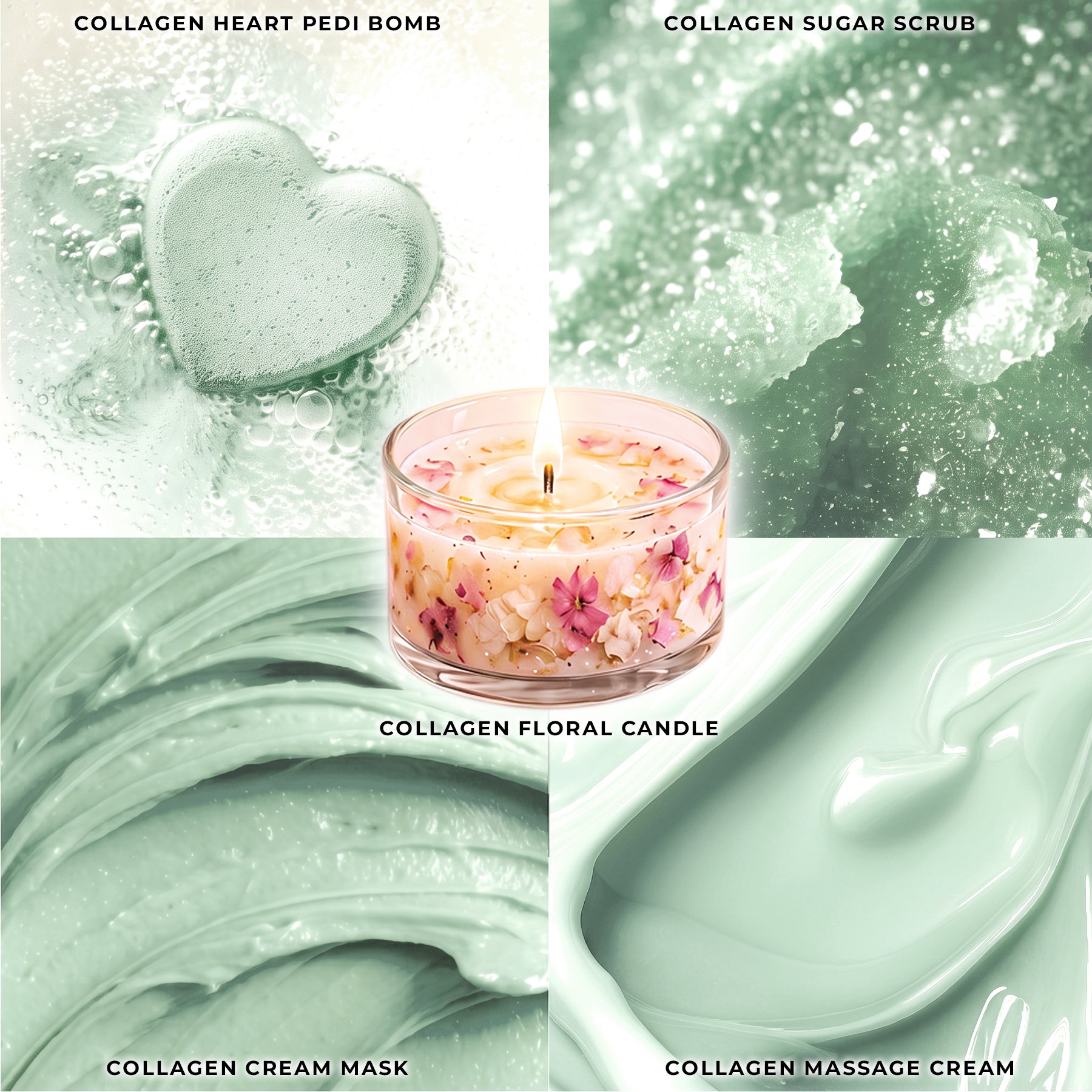 Eucalyptus - Collagen Foaming/Bubble Pedi Bomb and Massage Candle • 5 Steps Kit