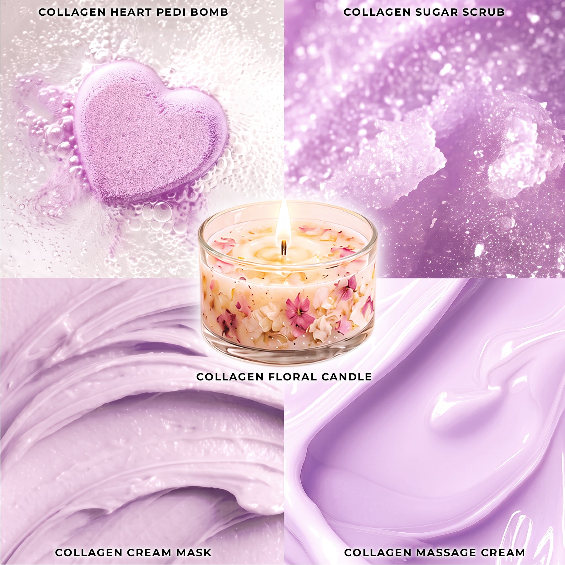 Lavender Twilight - Collagen Foaming/Bubble Pedi Bomb and Massage Candle • 5 Steps Kit