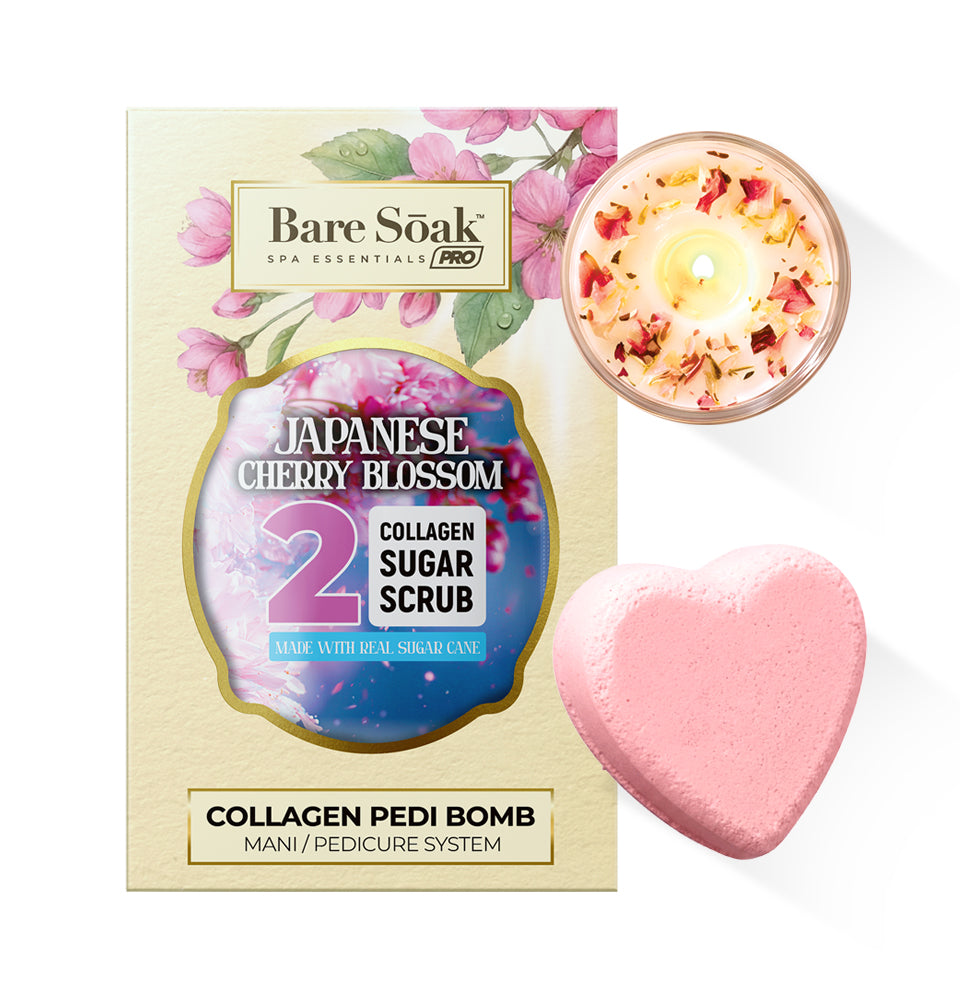 Collagen Foaming/Bubble Pedi Bomb and Massage Candle • 5 Steps Kit - Japanese Cherry Blossom