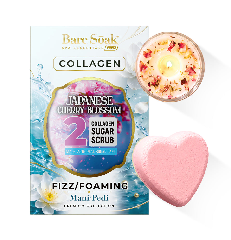 Japanese Cherry Blossom - Collagen Foaming/Bubble Pedi Bomb and Massage Candle • 5 Steps Kit