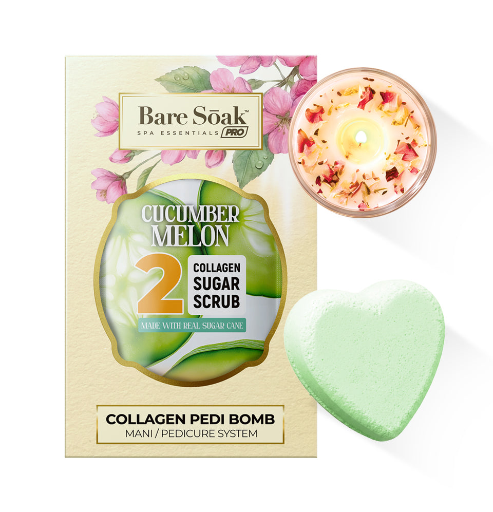Collagen Foaming/Bubble Pedi Bomb and Massage Candle • 5 Steps Kit - Cucumber Melon