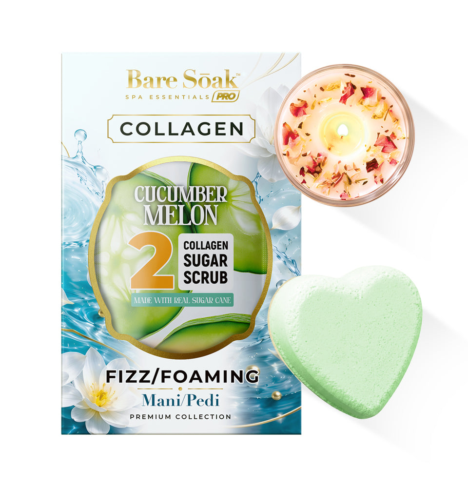 Cucumber Melon - Collagen Foaming/Bubble Pedi Bomb and Massage Candle • 5 Steps Kit