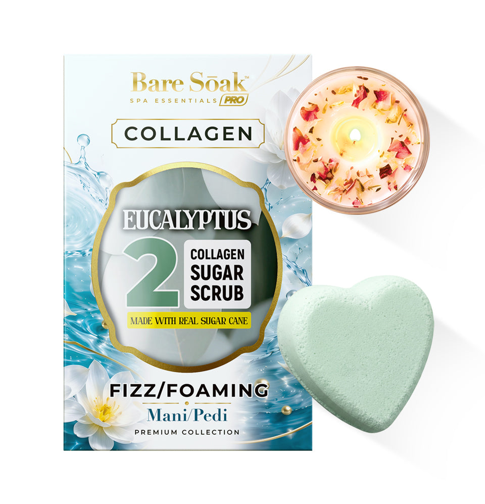 Eucalyptus - Collagen Foaming/Bubble Pedi Bomb and Massage Candle • 5 Steps Kit