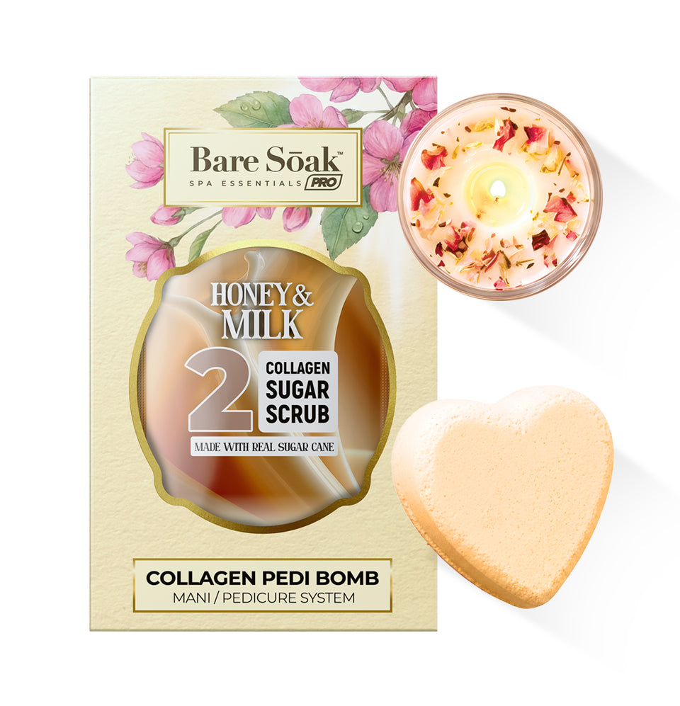 Collagen Foaming/Bubble Pedi Bomb and Massage Candle • 5 Steps Kit - Honey & Milk