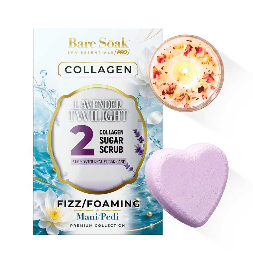 Lavender Twilight - Collagen Foaming/Bubble Pedi Bomb and Massage Candle • 5 Steps Kit