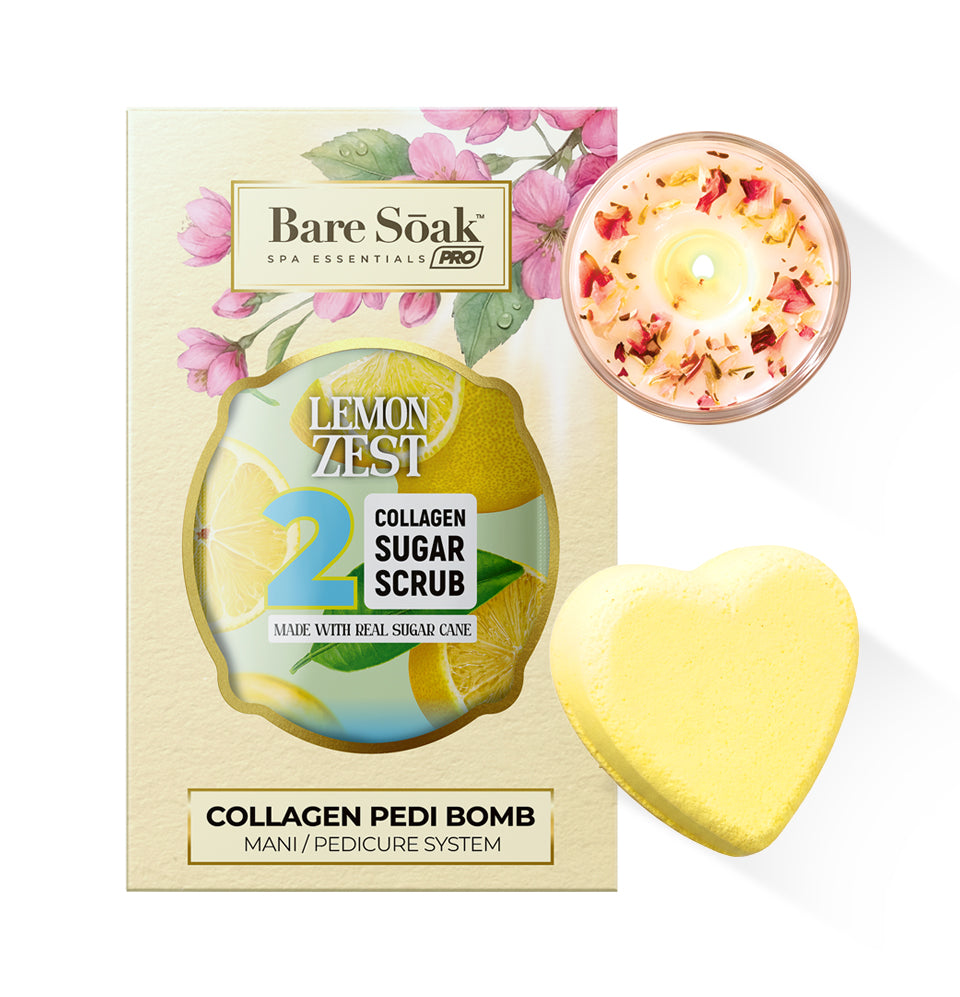 Collagen Foaming/Bubble Pedi Bomb and Massage Candle • 5 Steps Kit - Lemon Zest