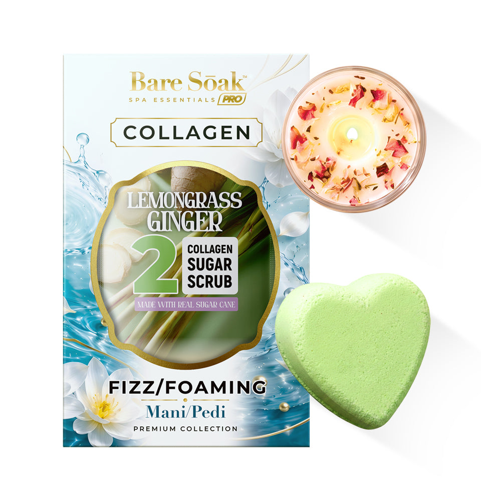 Lemongrass Ginger - Collagen Foaming/Bubble Pedi Bomb and Massage Candle • 5 Steps Kit