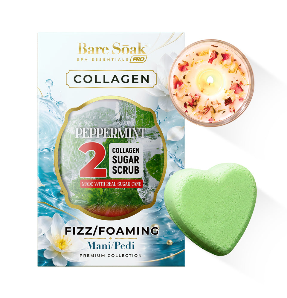 Peppermint - Collagen Foaming/Bubble Pedi Bomb and Massage Candle • 5 Steps Kit