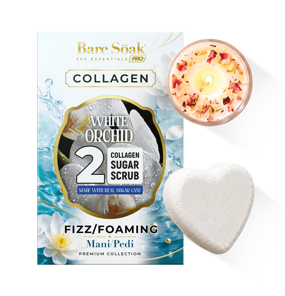 White Orchid - Collagen Foaming/Bubble Pedi Bomb and Massage Candle • 5 Steps Kit