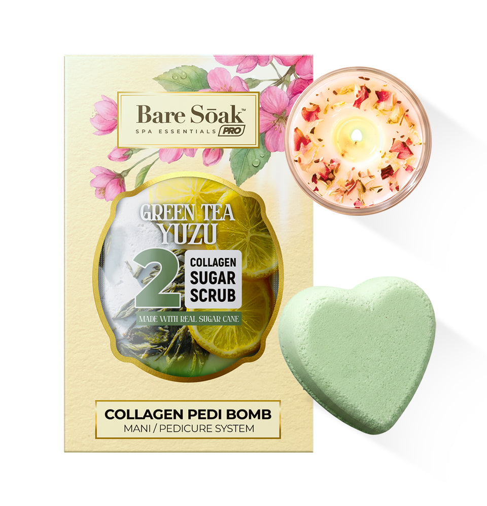 Collagen Foaming/Bubble Pedi Bomb and Massage Candle • 5 Steps Kit - Green Tea Yuzu